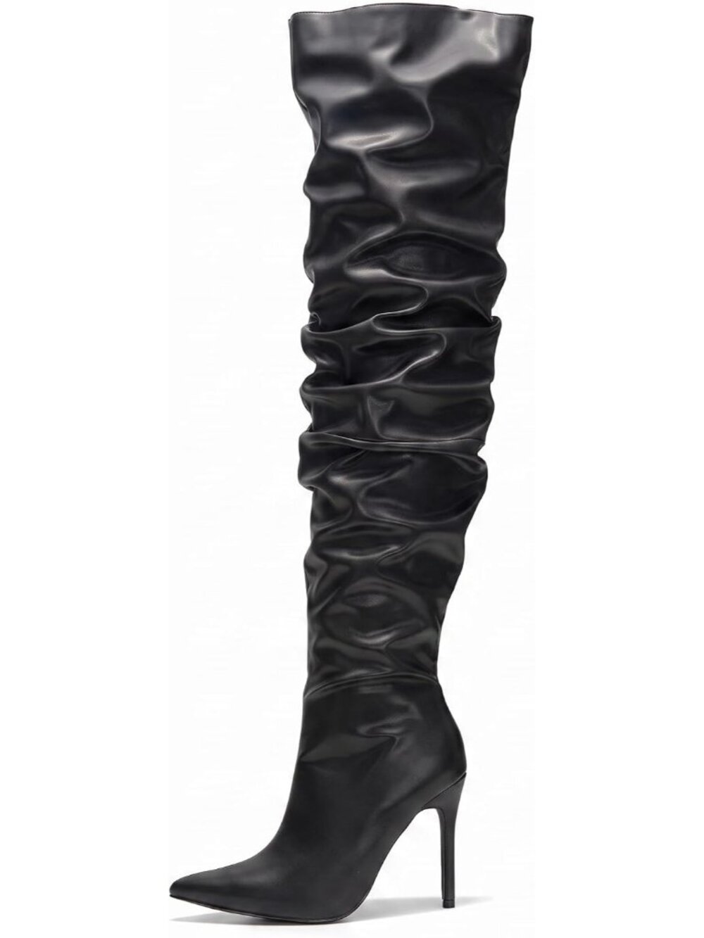 Women's Black Pointed Toe Thigh High Stiletto Heels Slouchy Over-the-Knee Boots